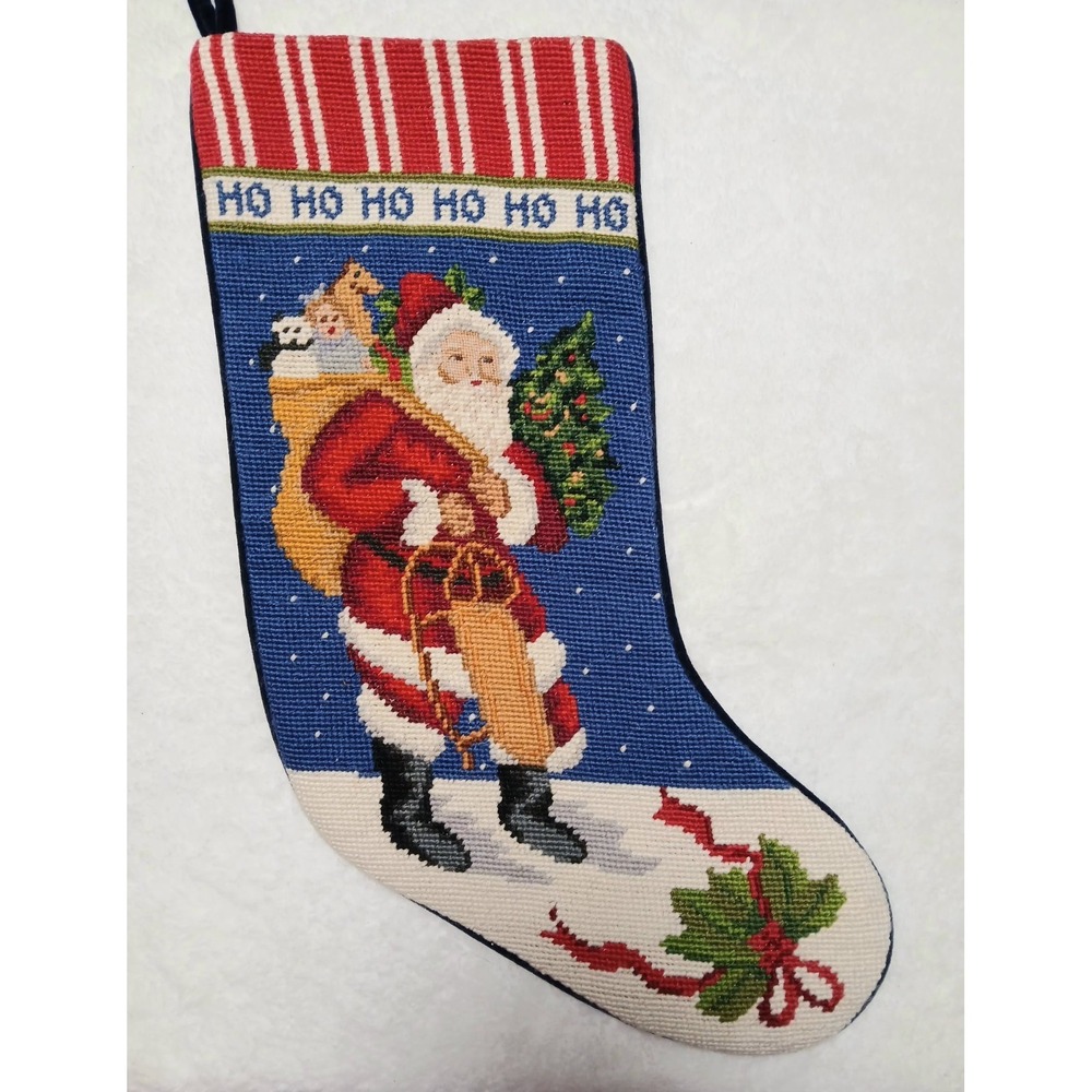 Wool Needlepoint Hand Made Christmas Stocking Finished Santa Ho Ho Sled Holly
